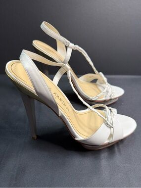 Charles Jourdan White Woven Leather Strappy Grey Heel Gold Accent Sling Back